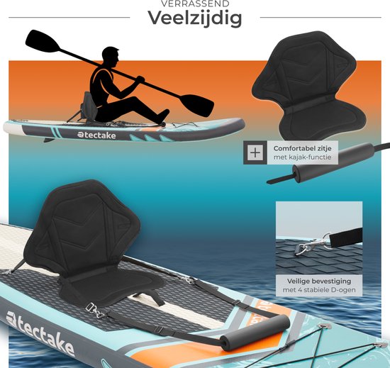 tectake Stand-Up Paddle Board - SUP Board - Aufblasbar - Stabil - 288 x 77 x 22,5 cm - Max 200kg - Orange-Türkis