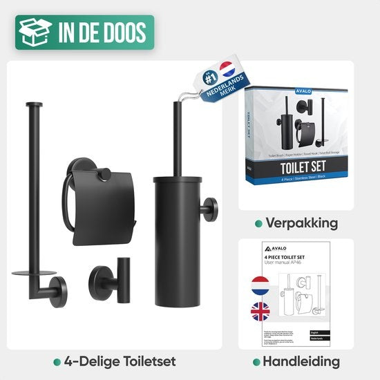 Avalo Toilettenzubehör Set Schwarz 4-teilig - Luxus-Toilettengarnitur - Toilettenbürste mit Halter / Toilettenpapierhalter / Ersatzpapierhalter / Handtuchhaken - inkl. Befestigungsmaterial