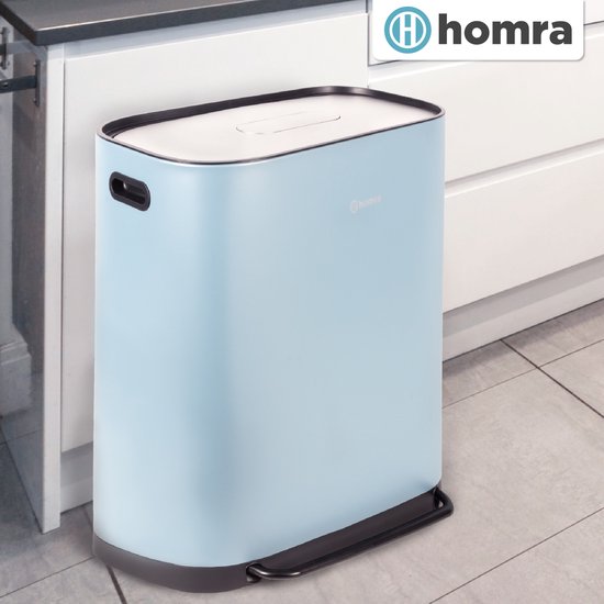 Homra Rockx Mülleimer 60 Liter - Duo-Treteimer 2×30 l mit Geruchsfilter – Edelstahl-Mülltrennbehälter mit 2 Fächern – Recycling-Mülleimer – Küchenmülleimer – Mülleimer zur Mülltrennung – Doppel-Mülleimer, blau