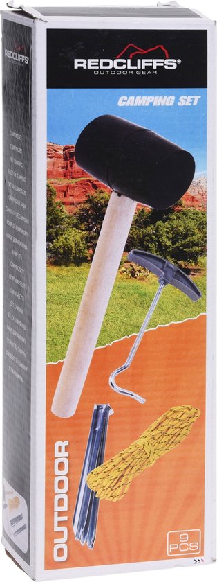 9-teiliges Camping-Set – Hammer – Heringe – Seil – Heringzieher – Camping – Campingplatz – Metall
