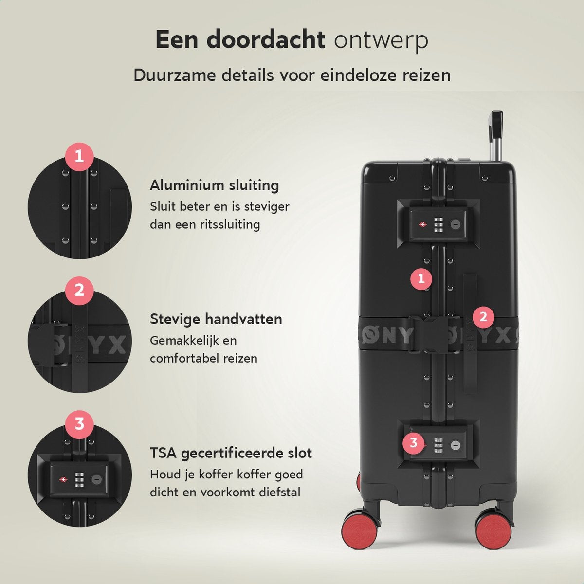 ONYX® Check-in-Koffer 65L - TSA-Schloss - Spinner-Räder - leichter Trolley - Aluminium-Verschluss - Schwarz
