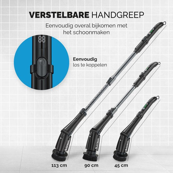 Joyware Elektrische Reinigungsbürste Pro – Scheuerbürste – Scheuerbürste mit Stiel – Scheuermaschine – Reinigungsmaschine – Schwarz – 7 Aufsätze