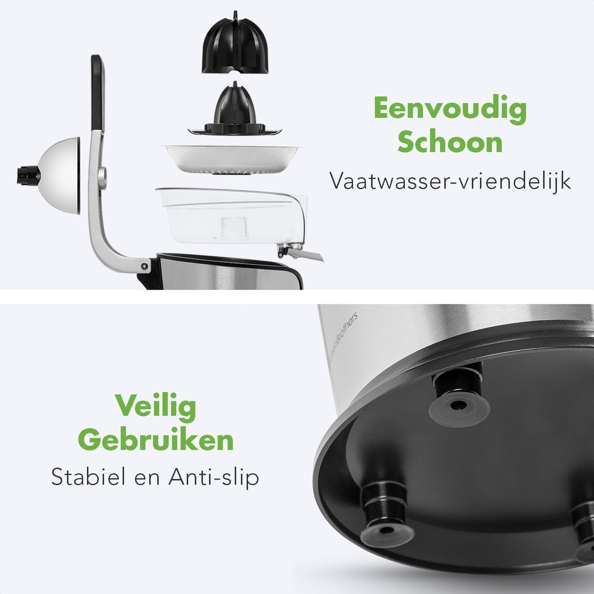 KitchenBrothers Elektrische Zitruspresse - Orangen- und Zitronenpresse - 160W - Edelstahl - Schwarz