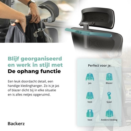 Backerz® Ergonomischer Bürostuhl für Erwachsene Vollständig einstellbar - NEN-EN1335 zertifiziert bis 150kg - Bürostuhl - Spielstuhl - Motion Mesh, Schwarz