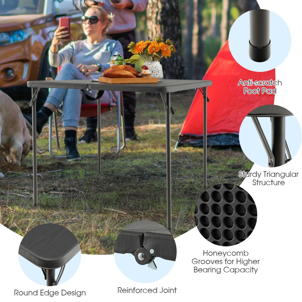 Coast Klappbarer Campingtisch – Tragbar mit Tragegriff – Leicht – Grau 86 x 86 x 73 cm