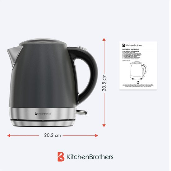 KitchenBrothers Wasserkocher - Elektrisch - 1 Liter - Kleine Campinggröße - Reise-Wasserkocher mit Kalkfilter - Titanium Grau/RVS