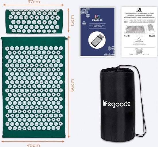 LifeGoods Akupressurmatte mit Kissen - Shakti Matte - Nagelmatte inkl. 2x Triggerpunkt Ball - 66x40x2cm - Grün/Weiß