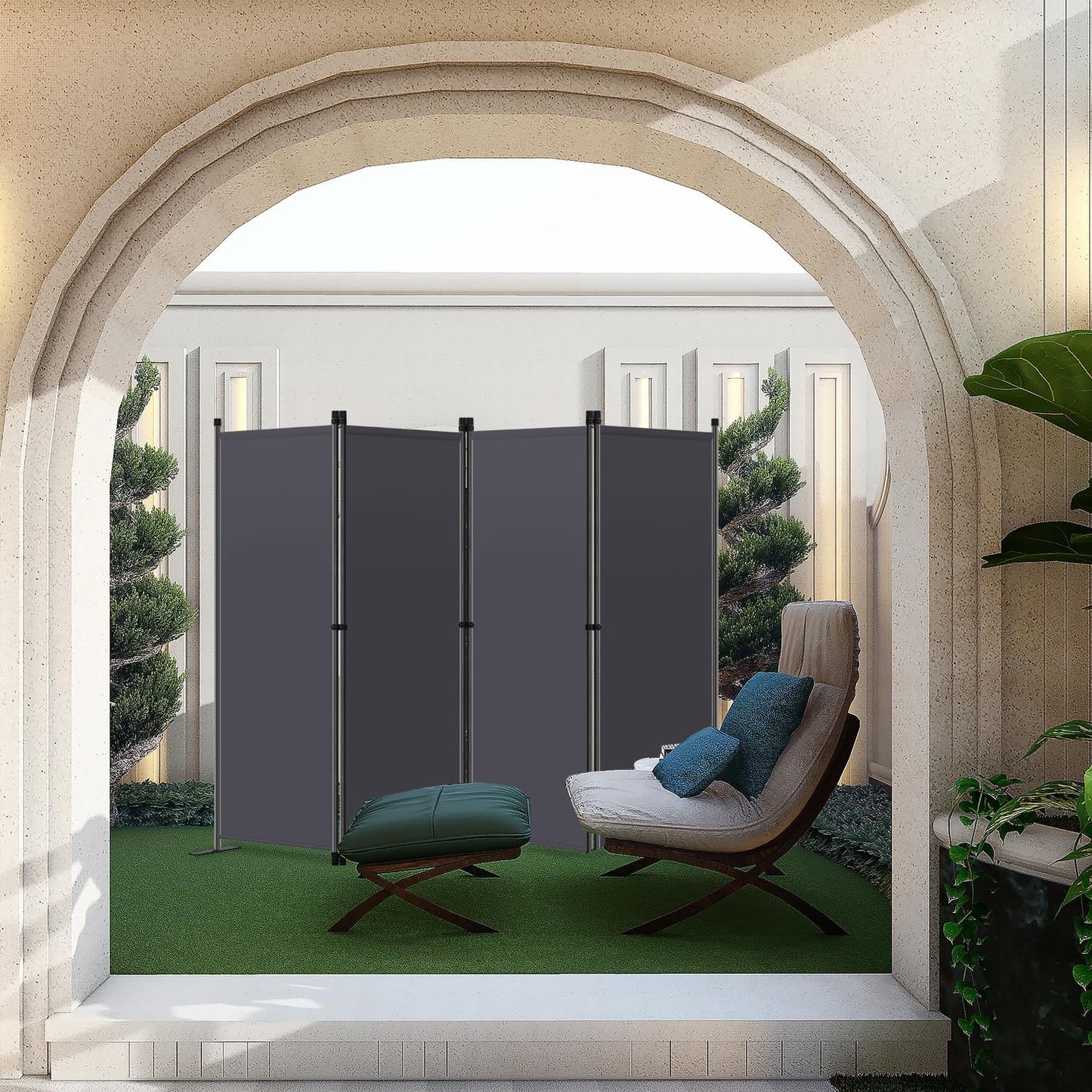 Angel Living Room Screen 4-Panels - Stabiler Raumteiler & Sichtschutz aus Stahl und Polyester, faltbar - Grau