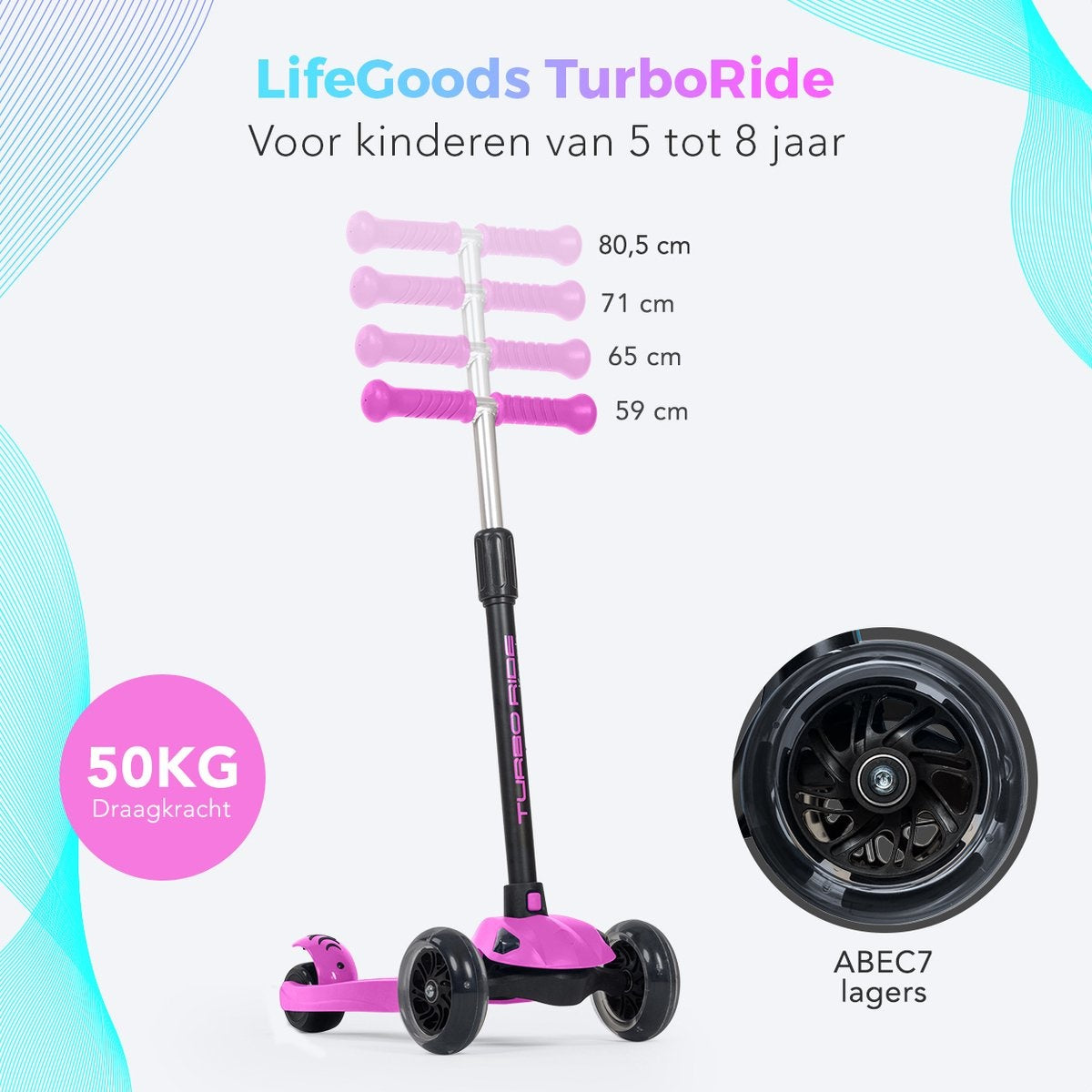 LifeGoods TurboRide Kinder-Roller - Alter 5-8 Jahre - 3 leuchtende Räder - Jungen/Mädchen - Pink