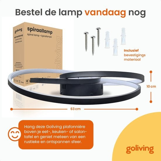 Goliving Spiral Deckenleuchte - Deckenleuchte - Wohnzimmer - Schlafzimmer - LED Ringe - 35w - Ø 63 cm - Schwarz
