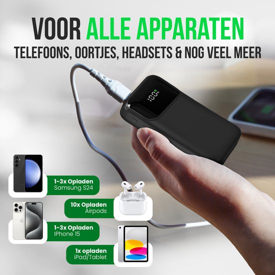 Strex Powerbank - 12.000 mAh - 22,5W Schnellladegerät - USB-A/USB-C - LED-Anzeige - Universal Powerbank geeignet für iOS/Android, u.a.