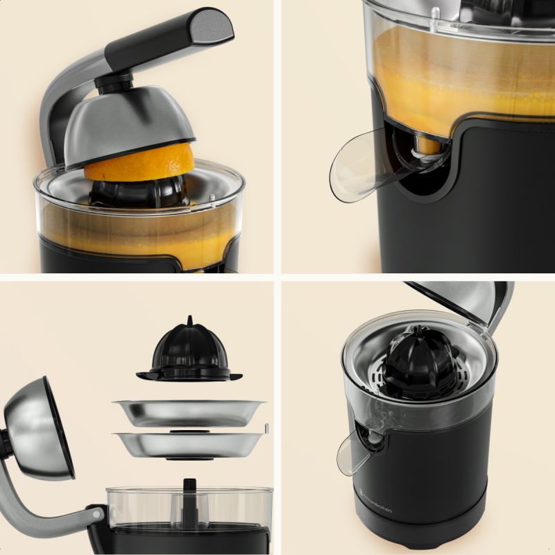 LEBENLANG Elektrische Orangenpresse 600 W – Schwarz, 20 x 20 x 31 cm, Edelstahl, inkl. Hebelarm