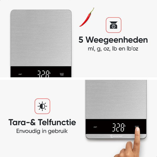 Kitchenwell Digitale Präzisions-Küchenwaage - Küchenwaage - 5gr - 10kg - Tara-Funktion - Grau