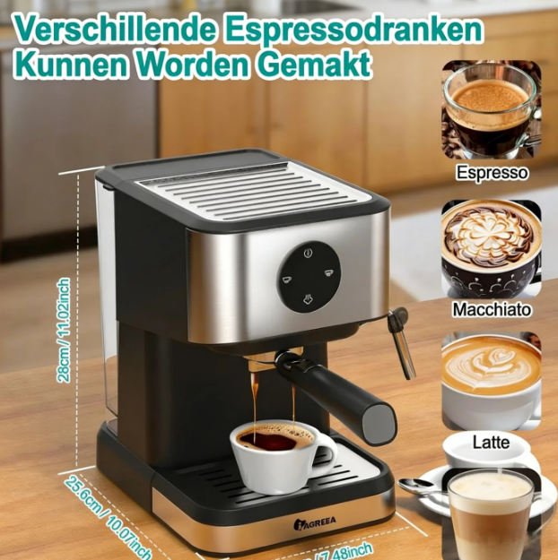 Iagreea Espressomaschine CM3050 – 20 bar – Dampfdüse – 1,5 l – Edelstahl