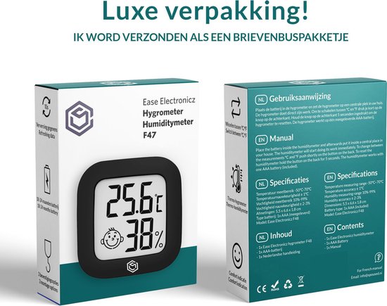 Ease Electronicz Hygrometer - Wetterstation - Luftfeuchtigkeitsmesser - Thermometer für Innenräume - inkl. Batterie und Klebestreifen