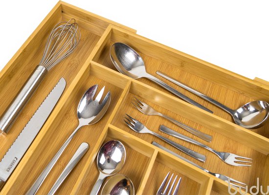 Budu - Erweiterbare Bamboo Besteckkassette - Besteckschublade - 50 x 34.1 x 56 cm - 6/8 Fächer - Holz