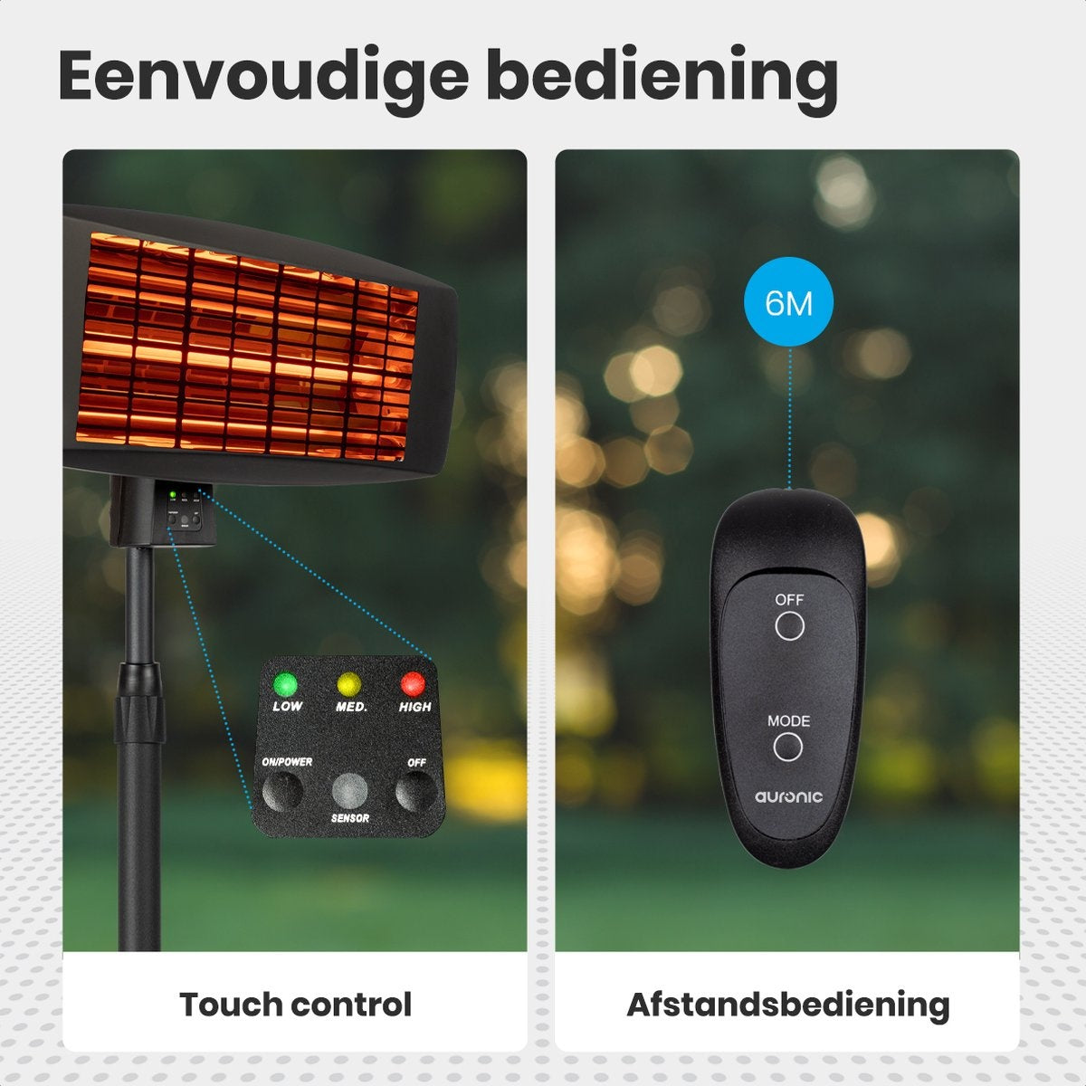 Auronic Terrassenheizer - 2000W - Hängeleuchte und Standfuß - Inkl. Fernbedienung - 3 Stufen - Schwarz