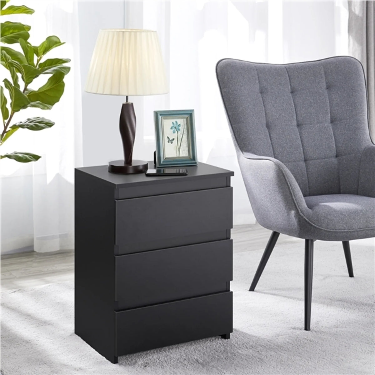 Yaheetech – Stilvoller Nachttisch mit 3 Schubladen, 45,5 x 35,5 x 60,5 cm – Elegantes Schwarz – MDF