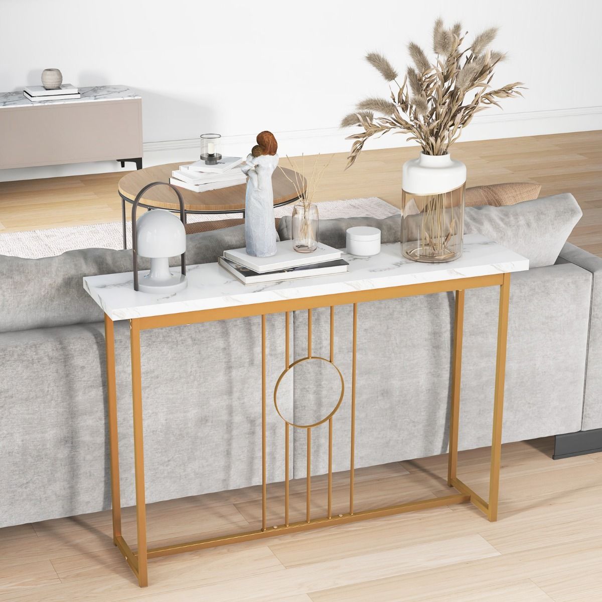 Coast Beistelltisch in Marmoroptik mit Metallrahmen - 120 x 30 x 80,5 cm - Weiß + Gold