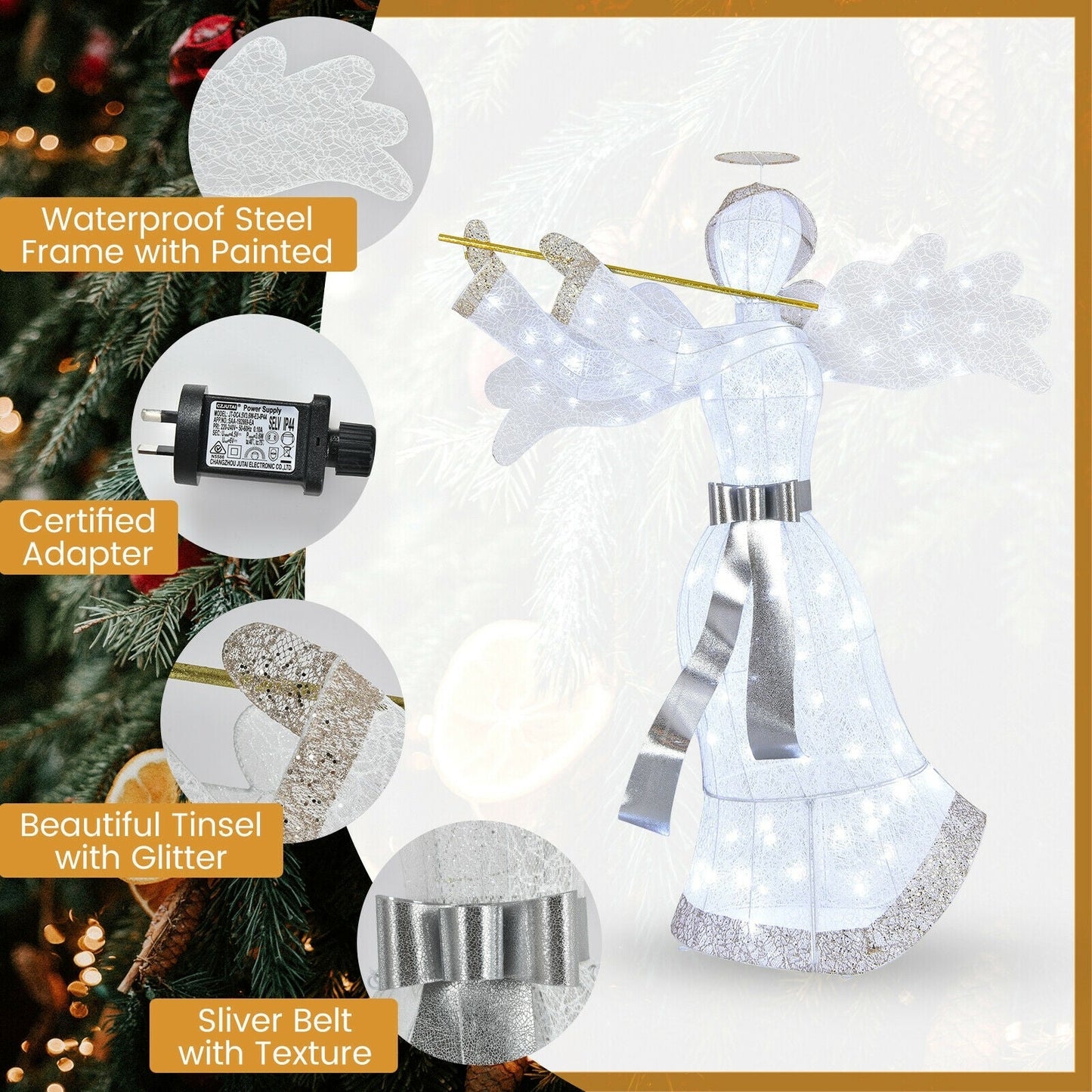 Coast Pre-lit Engel Weihnachtsdekoration - 150 cm hoch, Weiß und Gold, 100 LED-Lichter