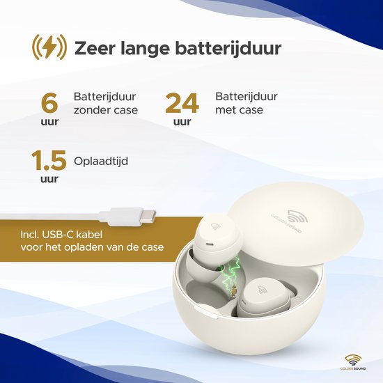 Golden Sound Schlaf-Ohrstöpsel – Kabellose Ohrstöpsel – Kabellose Ohrhörer – Sleep Plugs – Aktive Geräuschunterdrückung 24 dB – Schlaf-Ohrstöpsel – Für jeden Laptop und jedes Smartphone geeignet – Weiß