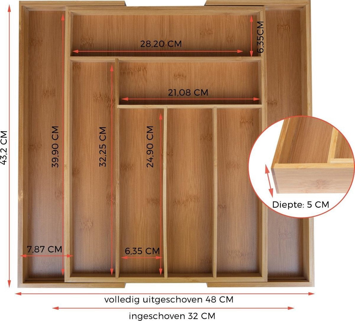 KitchenBrothers Besteckkasten - Verstellbare Besteckschublade - 30 bis 44.5cm - Bambusholz