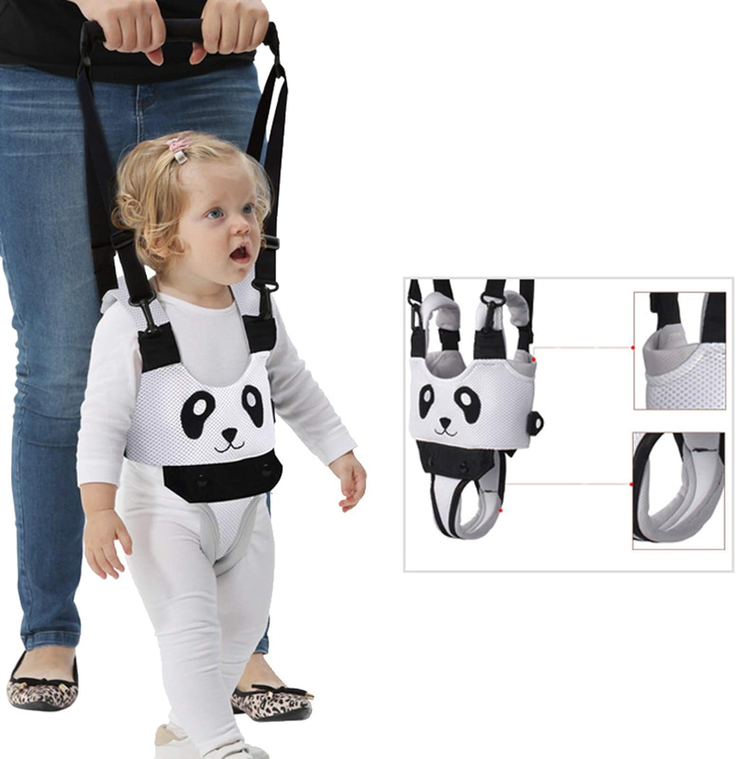 Yolispa Baby Lauflernhilfe Lauf- und Steppgeschirr für Kleinkinder - Verstellbar - Schwarz/Weißer Panda - 250 g - Verstellbare Größe (Brustumfang ca. 50-75 cm)