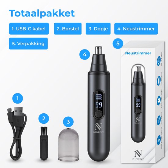 Nuvance Nasentrimmer - Wiederaufladbar & abspülbar - Nasenhaartrimmer - Ohrentrimmer - Männer & Frauen - USB C - Schwarz