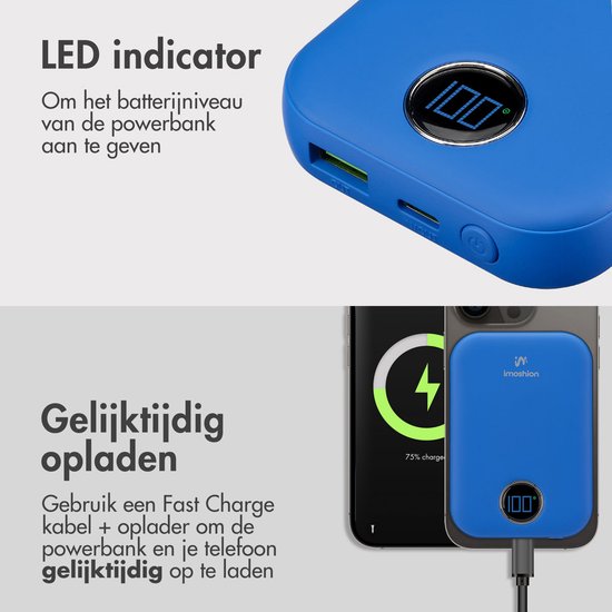 imoshion Powerbank 10000 mAh - Geeignet für MagSafe - Schnellladegerät 22,5W - LED-Anzeige - USB C & USB A - Wireless Powerbank Geeignet für Apple iPhone 12/13/14/15/16 - Blau