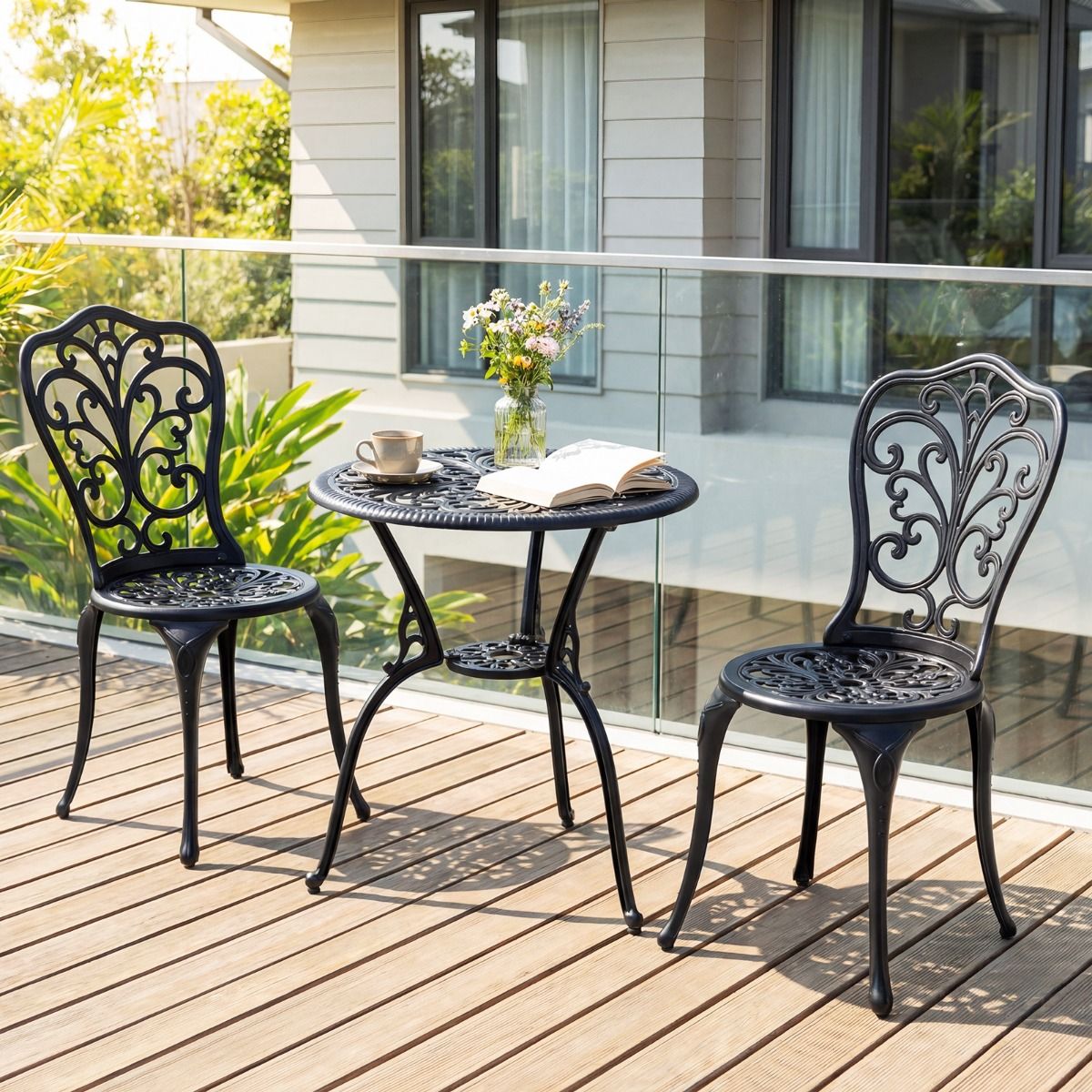 Coast 3-teiliges Bistro-Set – Aluminiumguss – Sonnenschirmloch – Rückenlehnen in Schmetterlingsform – schwarz