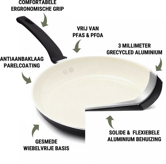 COOCK Kasserolle Induktion - 3100ml - Spezielle Antihaftbeschichtung - Ergonomische Kaltgriffe - Recyceltes Aluminium - Schwarz/Weiß - Inklusive E-Book