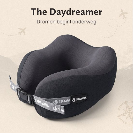 TRAVARA Nackenkissen „The Daydreamer“ – Reisekissen mit Duo-Density-Memory-Schaum – Für Flugzeug und Auto – Memory-Schaum – Dunkelgrau