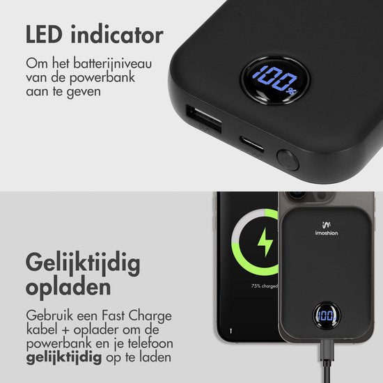 imoshion Powerbank 10000 mAh - Geeignet für MagSafe - Schnellladegerät 22,5W - LED-Anzeige - USB C & USB A - Wireless Powerbank Geeignet für iPhone 12/13/14/15/16 - Schwarz