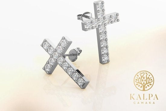 Yolora Damen Ohrringe Kreuz - Kalpa Camaka Kristalle - Silber - 18K Weißgold vergoldet - Damen Ohrringe Silber - Schmuck - Luxus-Geschenk-Box - Geschenk-Box - Schöne Geschenk-Verpackung - Geschenk zum Muttertag