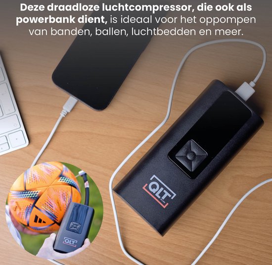 QLT Cordless Air Compressor Pro und Powerbank in einem - 4 Aufsätze und USB-Ladekabel im Lieferumfang enthalten - 10,3 Bar - mit LED-Beleuchtung - Schwarz