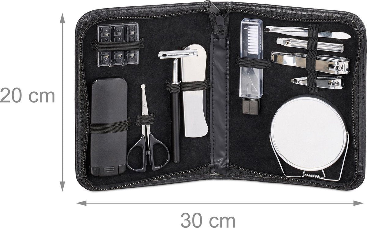 Relaxdays Bartpflege / Maniküre-Set 11-teilig - Pflegeset für Männer - inklusive Bartschere / Bartkamm / Rasiermesser im Lederetui