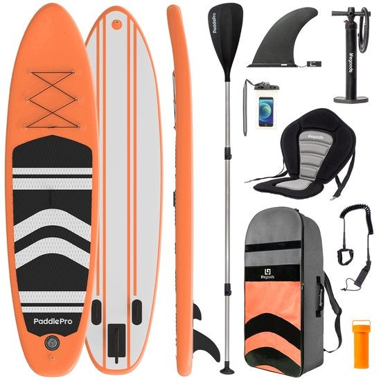 LifeGoods SUP Board - Mit Sitz - Aufblasbares Paddle Board - Komplettset - Max. 135KG - 320x81cm - Orange