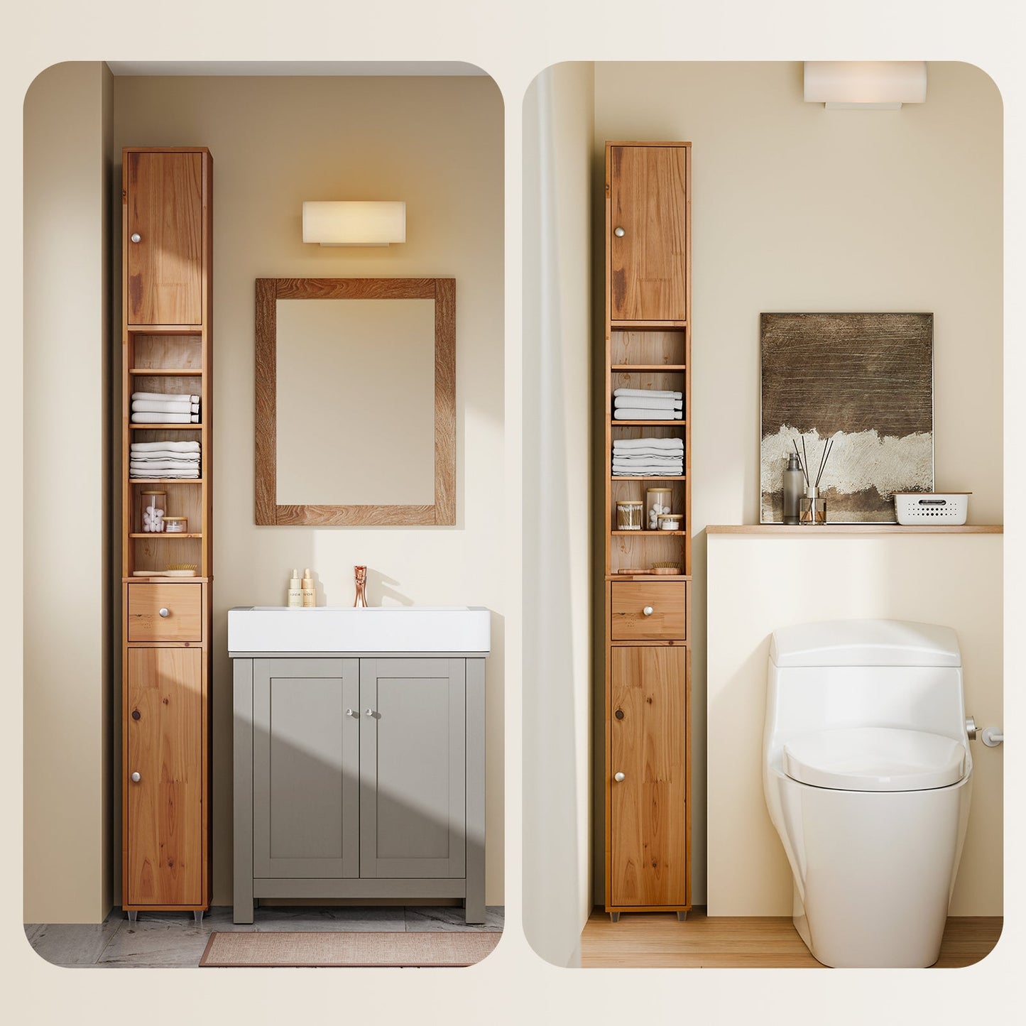 SoBuy Hoher Badezimmerschrank BZR34-II-SH 20 x 20 x 180 cm – Massives Zedernholz – Holzfarbe