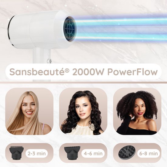 Sansbeauté® Haartrockner mit Diffusor - Ionen-Haartrockner - Bürste - Reisehaartrockner - 3 Aufsätze - Locken - Coolshot - 3 Stufen - Haartrockner mit Diffusor - Haartrockner - 2000W - Weiß