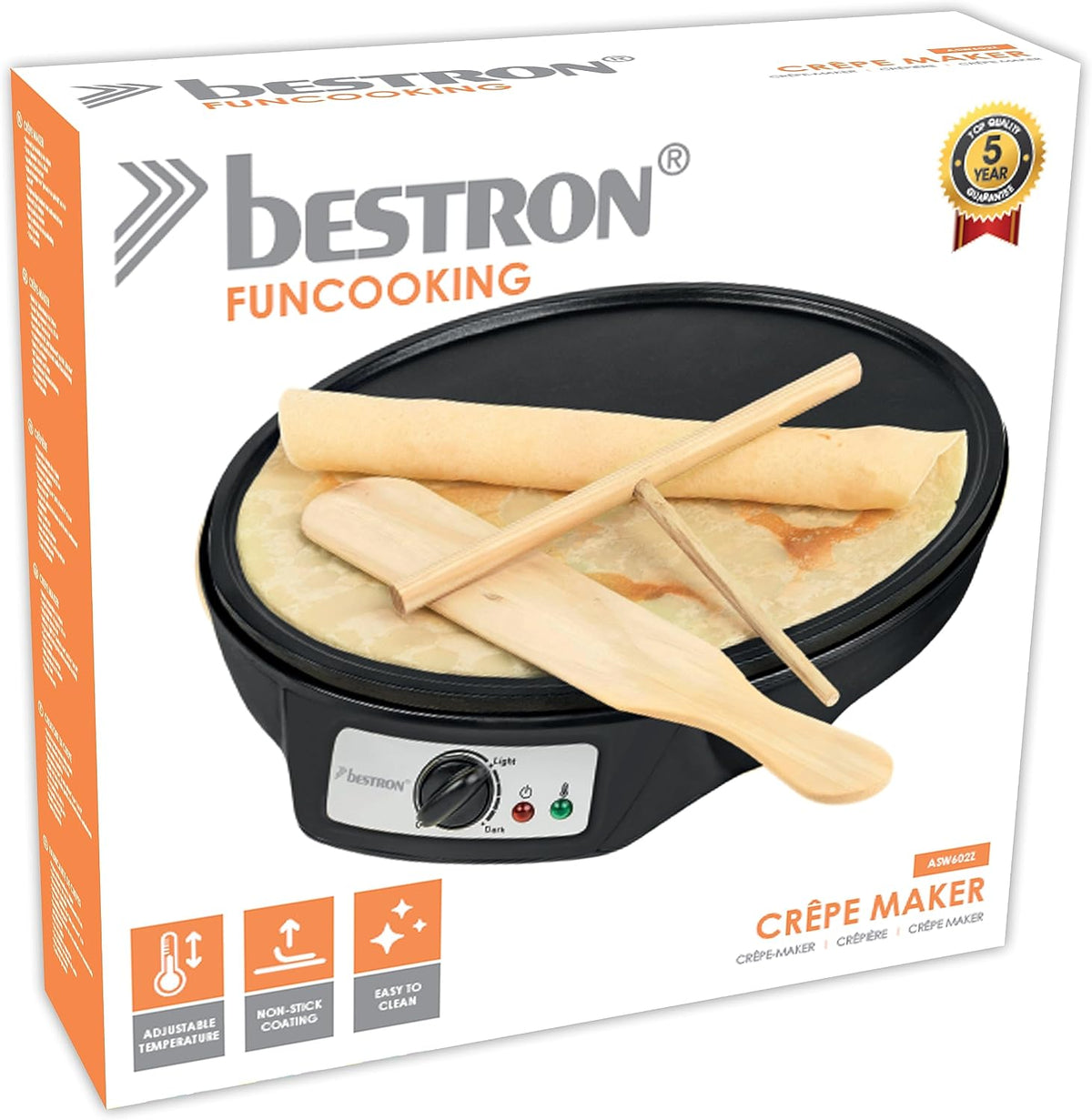 Bestron Crêpes-Pfanne Ø 30 cm – Crêpes-Pfanne mit Teigverteiler und Crêpes-Spatel – Antihaftbeschichtung – 1000 Watt – Schwarz