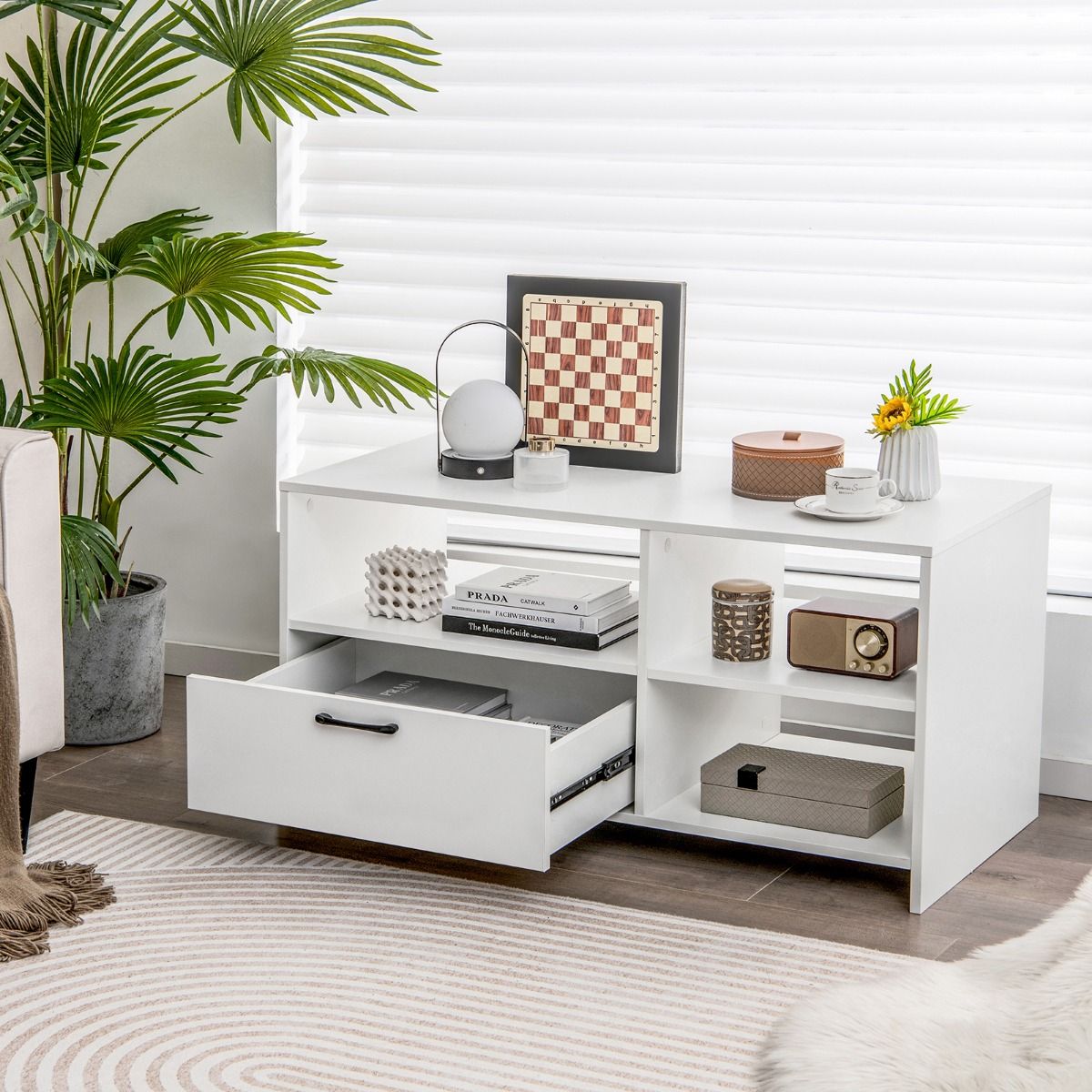 Coast TV-Schrank Lowboard 104,5 x 51,5 x 52 cm Weiß mit Schublade und offenen Fächern für Fernsehgeräte bis zu 50 Zoll