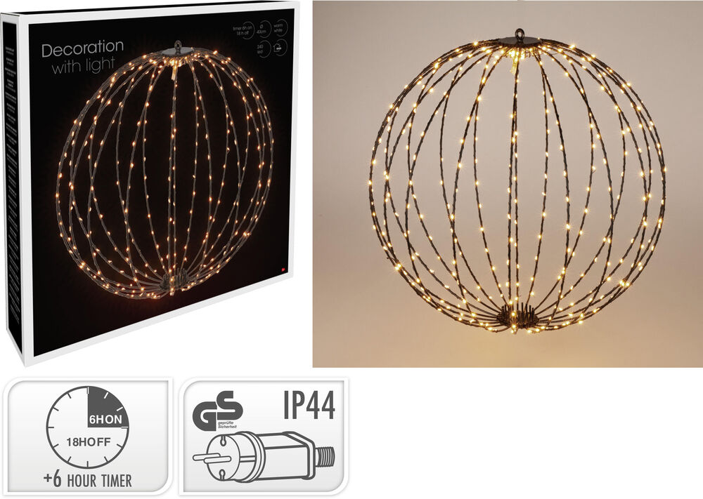 Nampook LED-Lichtkugel & Weihnachtskugel aus Metall, 240 LEDs, 40 cm – schwarzer Rahmen – warmweiß