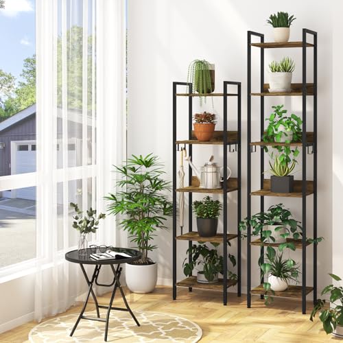Woltu Industrielles Bücherregal 6 Fachböden mit 4 herausnehmbaren Haken - Schwarzes Metall und dunkle Eiche - 40 x 30 x 187 cm