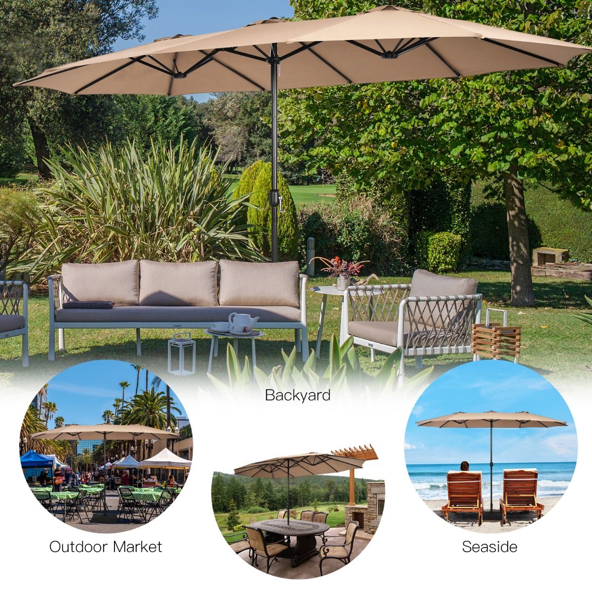 Coast 451,5 x 264 cm Doppelter Terrassen-Sonnenschirm mit Ständer - Brauner XXL-Schattenschirm für Garten, Terrasse und Schwimmbad
