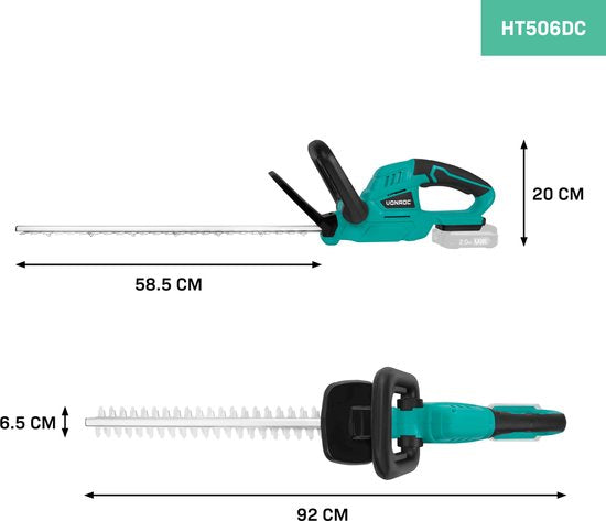 VONROC Accu Heckenschere 20V - Schwertlänge 520mm - Schnittbreite 14mm - Ohne Akku und Schnellladegerät