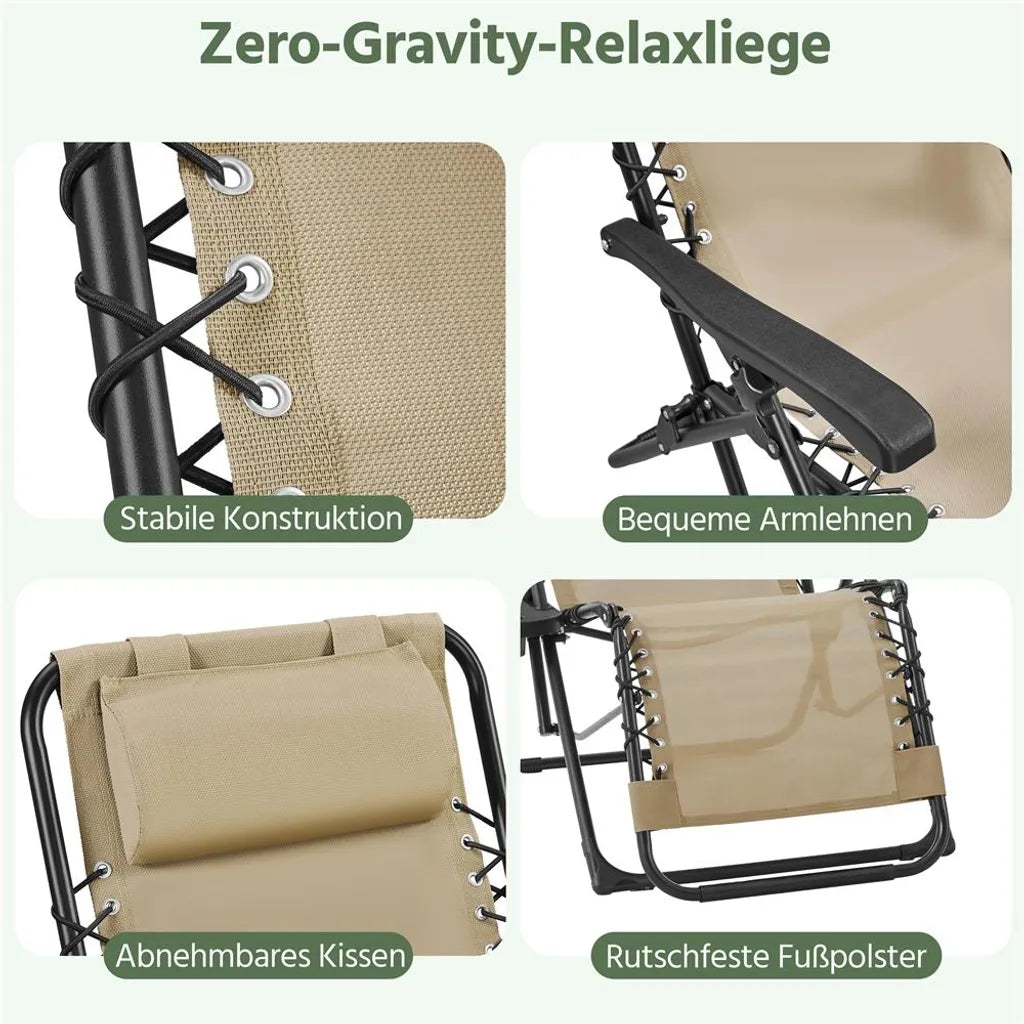 Yaheetech 2er-Set Liegestühle mit Beistelltisch – Beige – Zusammenklappbare Zero-Gravity-Gartenliegestühle mit Kopfkissen und Getränkehaltern