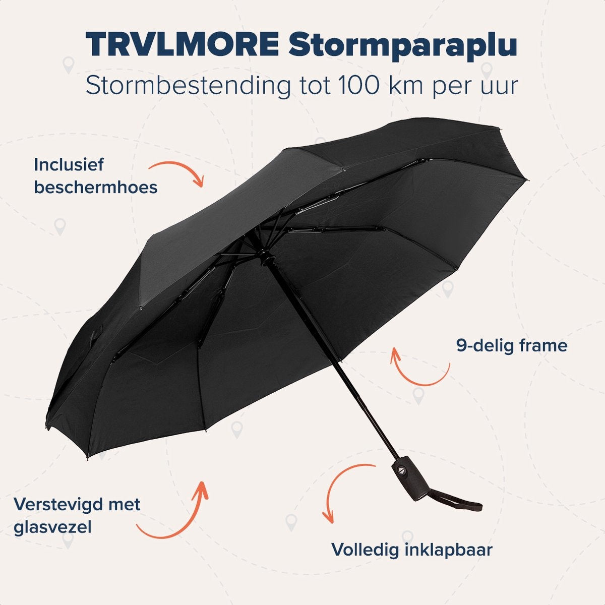 TRVLMORE Automatischer Regenschirm sturmfest - bis zu 100km p/h - Ø 107 cm - Schwarz
