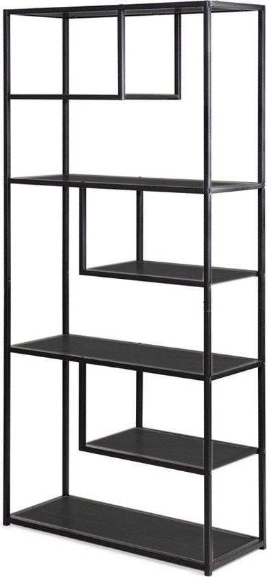 Lifa Living - Offener Wandschrank Saint-Tropez - Schwarz - MDF & Metall - 7 Einlegeböden - Kapazität 55 kg - Funktional & stilvoll - Asymmetrisches Design - 82 x 34 x 175 cm