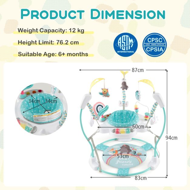 Coast Baby Sky Jumperoo Lauflernhilfe mit Höhenverstellung, Spielzeug und Spieluhr, Hüpfsessel mit 360° drehbarem Sitz, Activity Center für Babys ab 6 Monaten, belastbar bis 12 kg