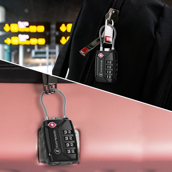 EverNeeds Kofferschloss - TSA-Schloss - 4-stelliges Vorhängeschloss - Zahlenschloss - Schwarz - 2 Stück